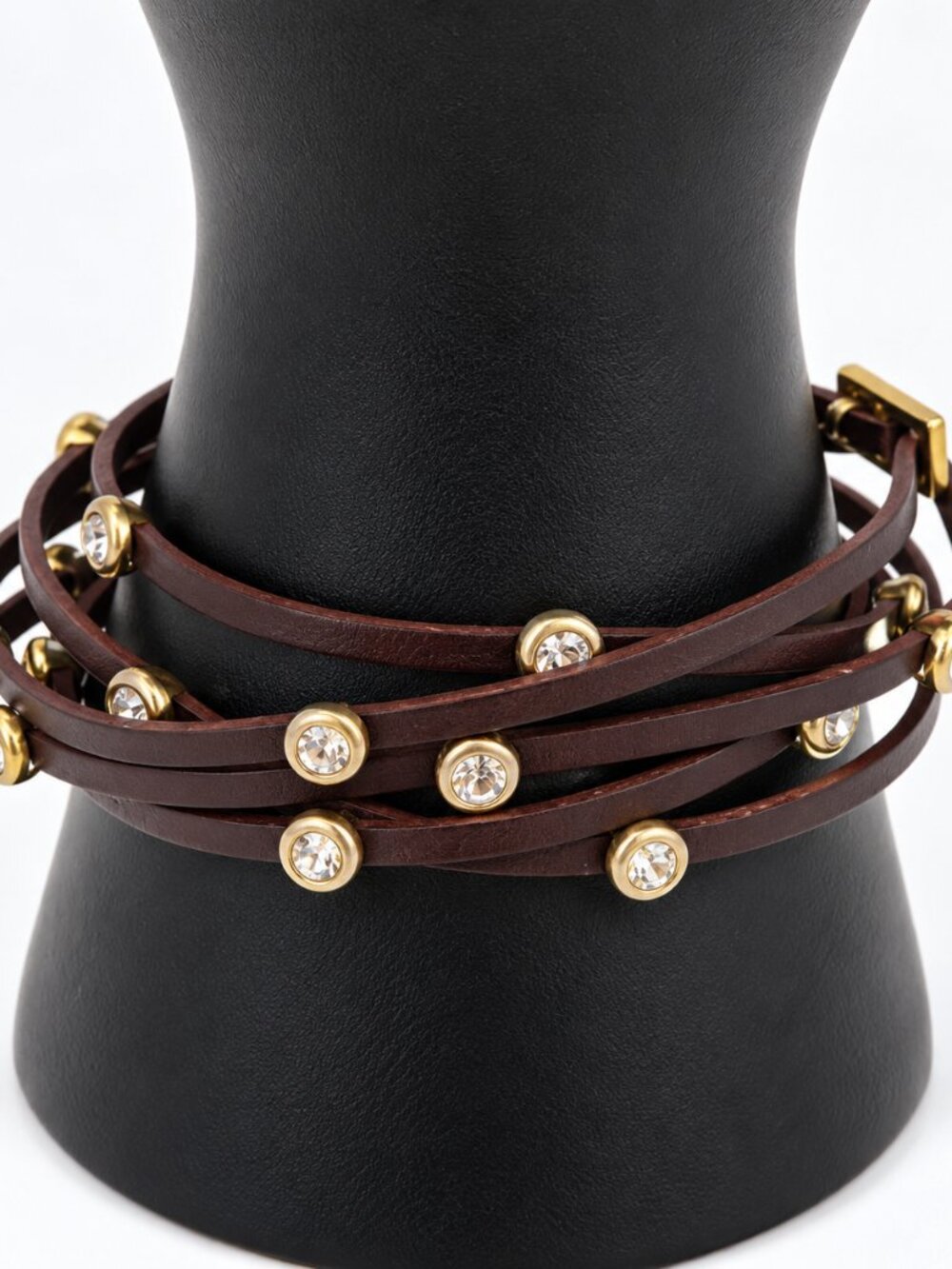 NWT Brown Leather Multi Strand Crystal Gold Tone Wrap Bracelet